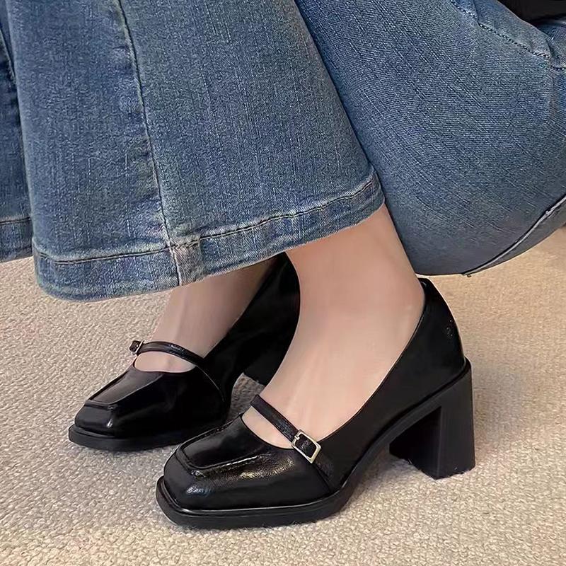 

Модные лакированные коричневые туфли Мэри Джейн для женщин 2024 года, элегантные винтажные туфли на высоком каблуке, женские туфли с квадратным носком и толстым каблуком, туфли-лодочки с неглубоким носом 35 чёрный