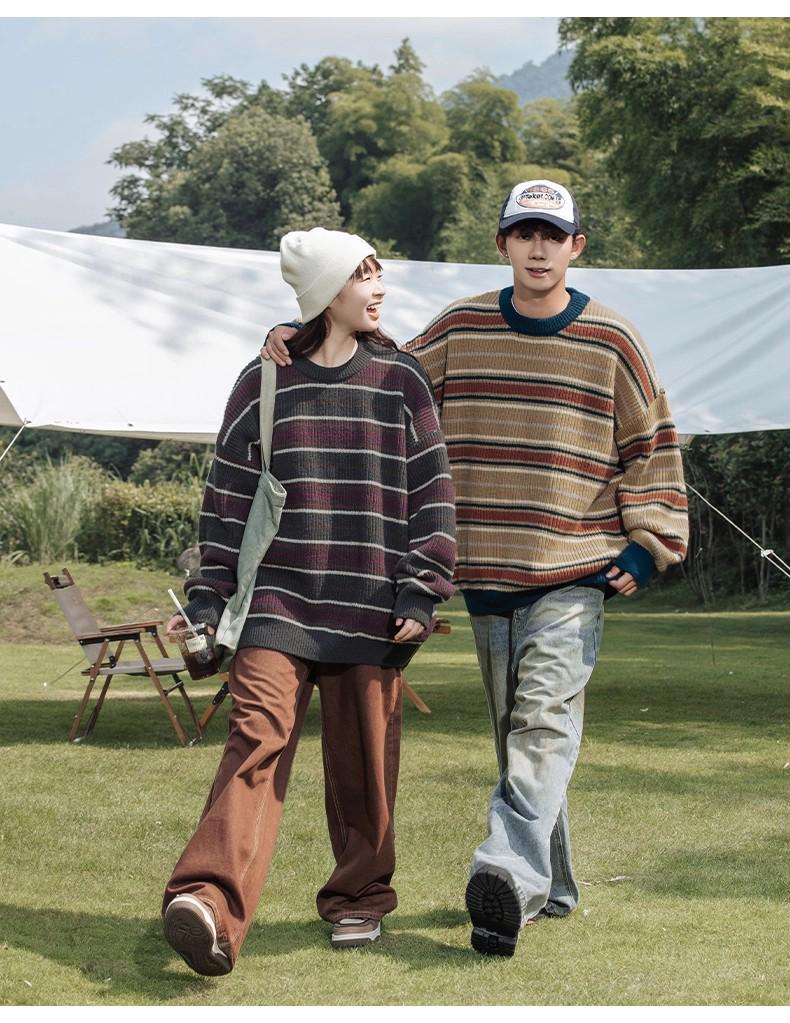 Mountain Style Retro Colorblock Stripe Sweater - Trendy American Knitwear for Couples (Autumn/Winter)