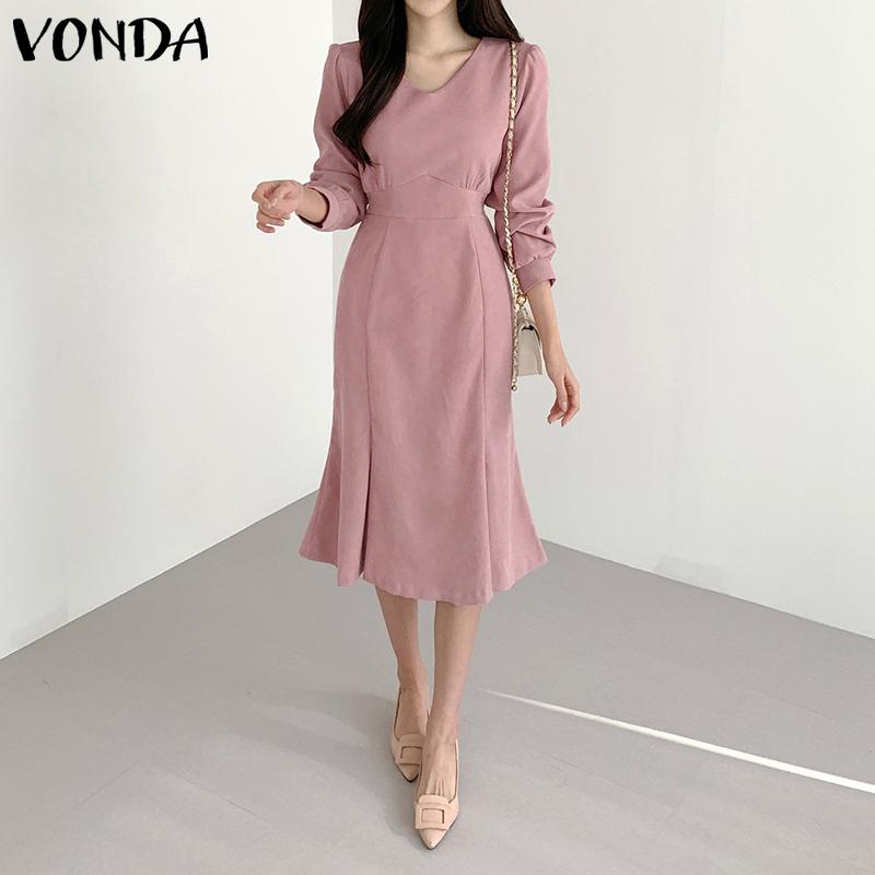

VONDA Элегантное женское длинное платье с пышными рукавами и V-образным вырезом