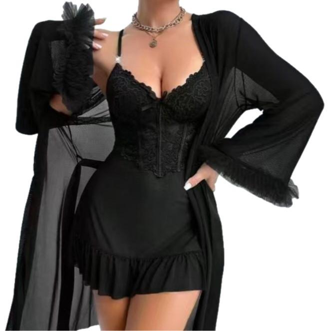 Women's lingerie nightgown sexy lace perspective seduction nightdress lace suspender set