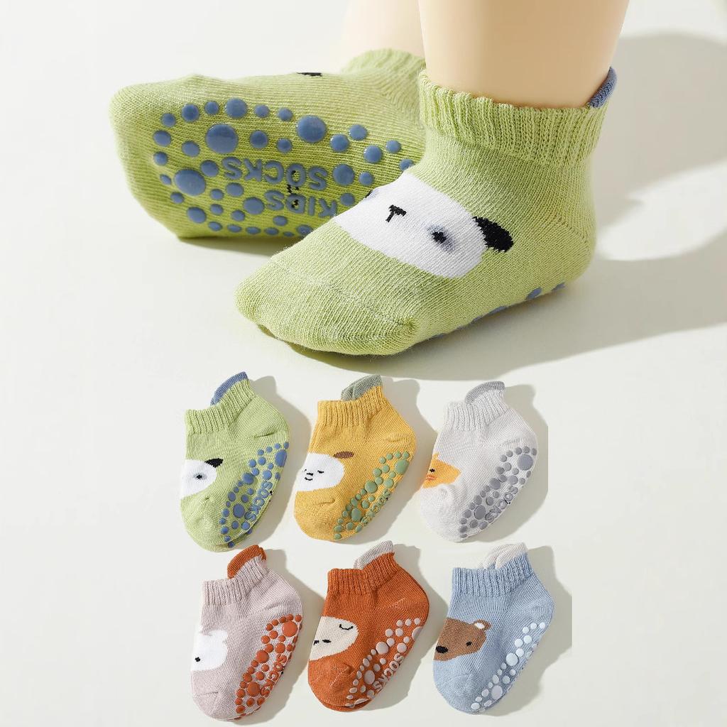 Rutschfeste Kleinkindsocken (0-5 Jahre) mit Silikonnoppen für Indoor-Hüpfen und Yoga, weiche Baumwollsocken mit Tiermotiven, 6 Paar