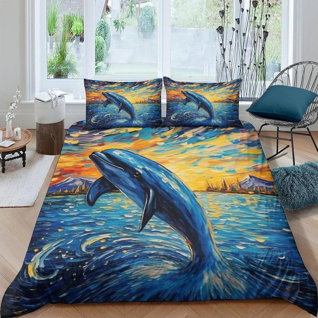 3D Printed Premium Oil Painting Dolphin Duvet Bedding Set, Children's Adult Bedding Set, Zipper with Pillowcase Bed Set, Double