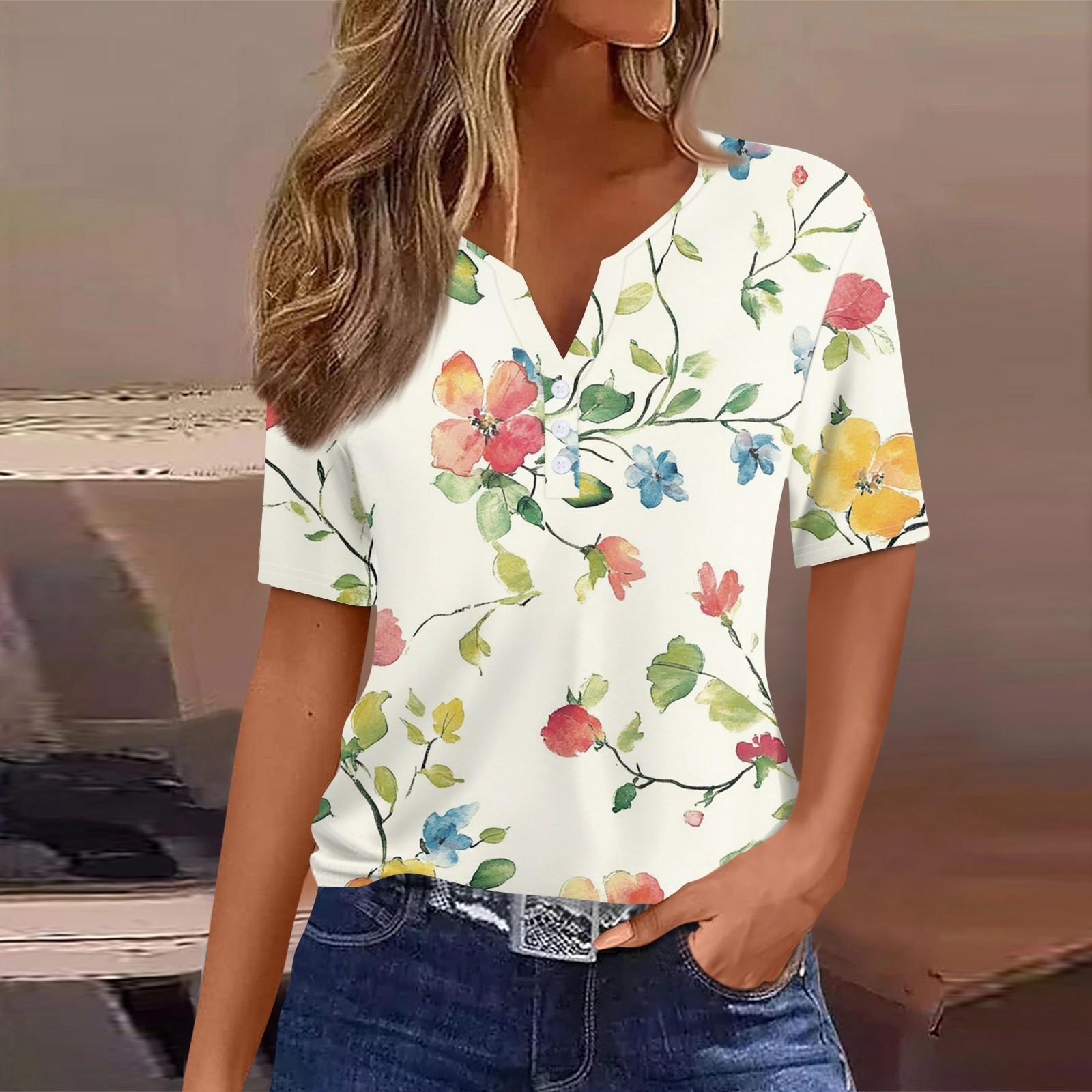 

Женская повседневная футболка с коротким рукавом и V-образным вырезом, декоративная отделка пуговицами XXL бежевый