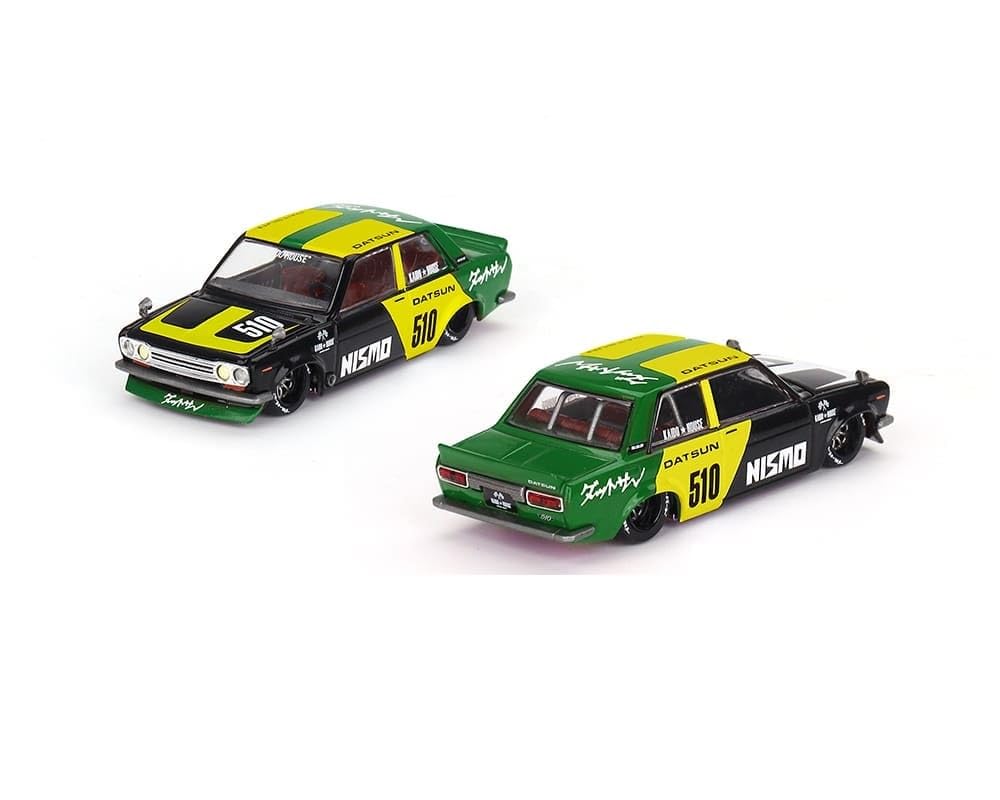Miniatura de Carro Modelo True Scale Compatível com Datsun Street 510 Racing V2 Verde Nismo Carro Modelo Diecast Kaido House KHMG131 – Preto, Amarelo, 1/64