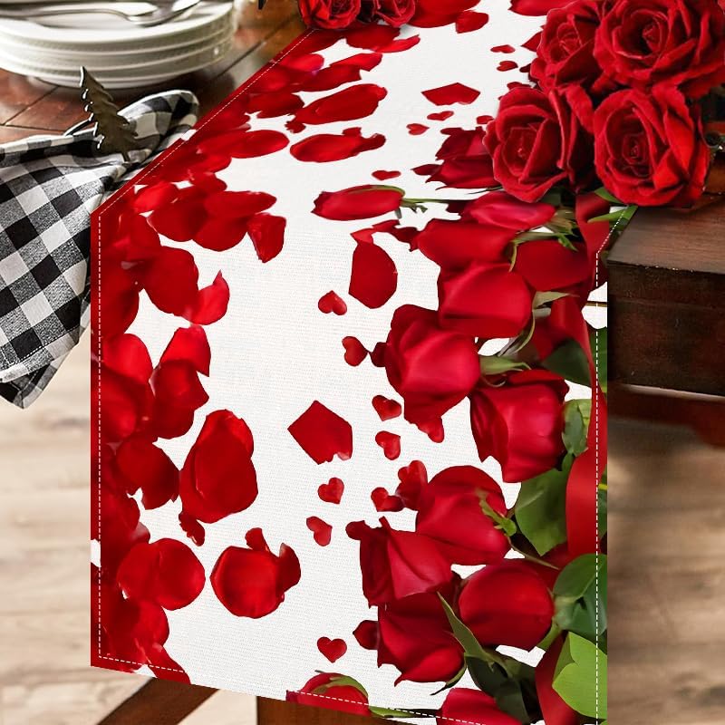 Valentine Table Runners 72 Inches Long, Red Rose Valentine's Day Runners for Table Holiday Anniversary Wedding Kitchen Dining Table Decorations