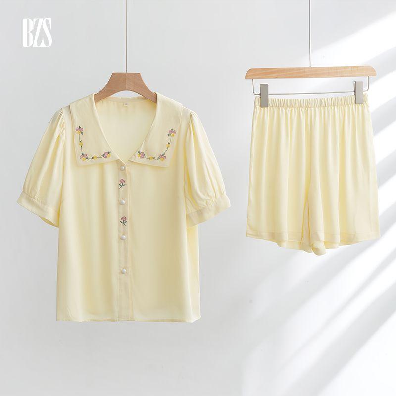 Summer 2024 Short Sleeve Embroider Rose Casual Shorts Cute plus Size Comfort Pajamas Homewear Suit Women