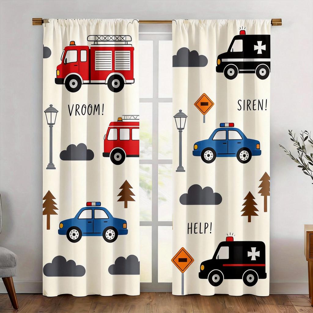 Tende per Bambini a Forma di Camion 2 Pezzi – Veicoli da Cantiere Cartoni Animati con Alberi e Nuvole, Divertente Decorazione per la Stanza dei Giochi, la Camera dei Ragazzi e l'Asilo