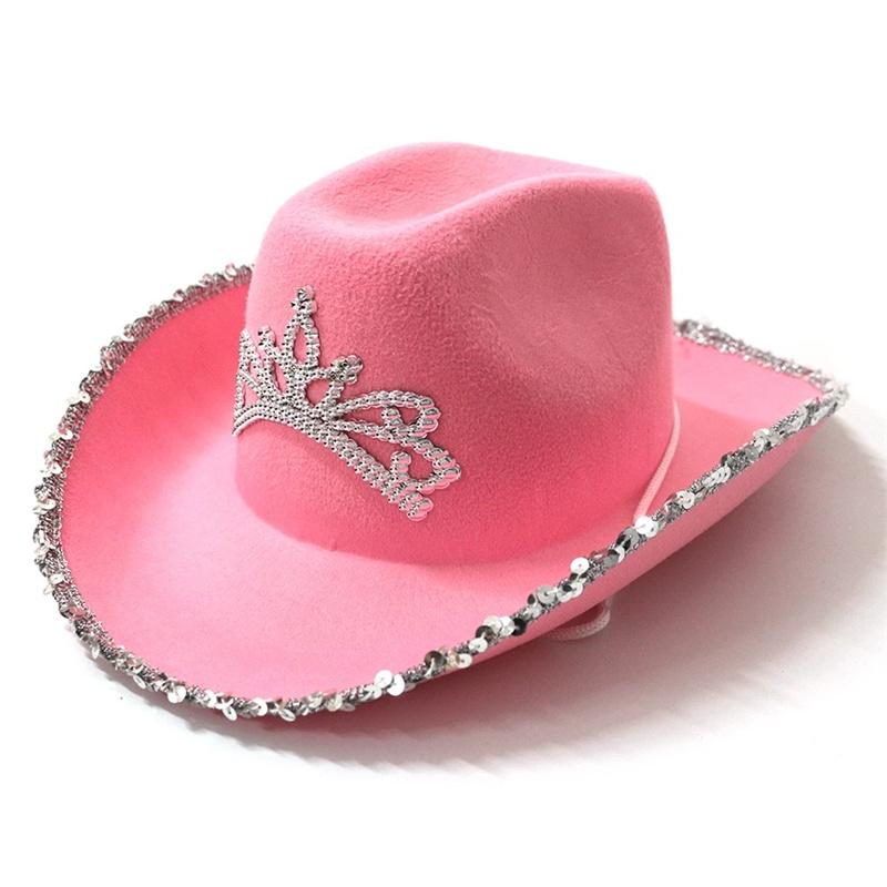 

Pink Crown Western Cowgirl Hat Women Girls Tiara Feather Felt Sequin Cowboy Cap Costume Party Jazz Caps Halloween Cosplay Props One Size