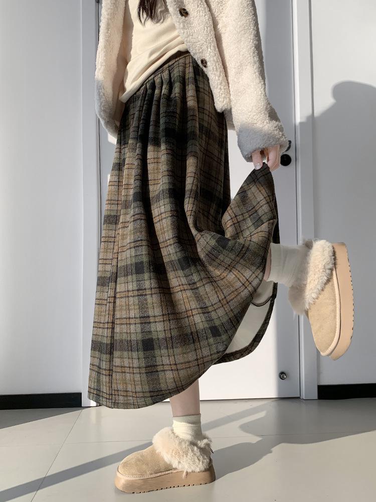 Korean Retro Plaid Woolen A-line Skirt for Women - High Waist Winter Long Skirt
