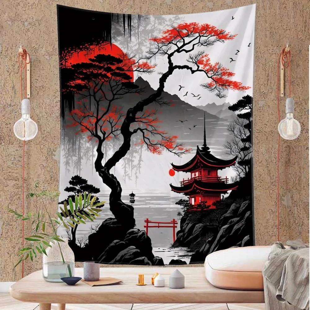 Forest Pagoda Landscape Tapestry Wall Hanging Simple Art Bohemian Modern Art Living Room Bedroom Home Decor Background Cloth