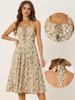 Allegra K Halter Neck Floral Dress, Women's Summer Sundress, Sleeveless Lace-Up Midi Dress, Beige, Size S