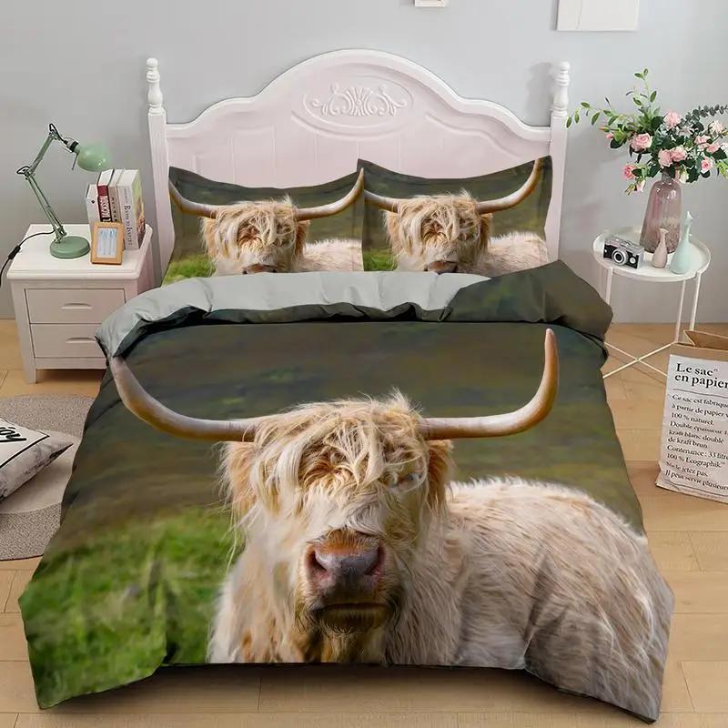 Highland Cow Duvet Cover Bull Cattle Bedding Set Western Cowboy Comforter Cover Full Queen For Boys Teen Farmhouse Quilt Cover