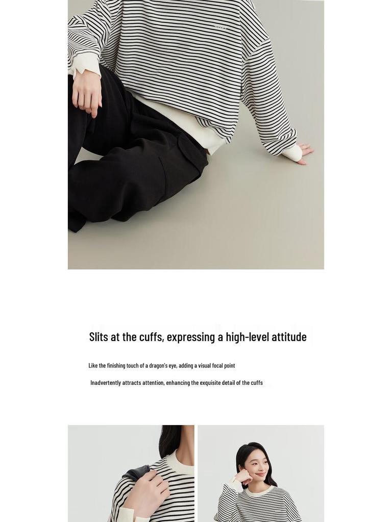 Elva' Island Women's Autumn/Winter Striped Drop Shoulder Crew Neck Loose Sweatshirt