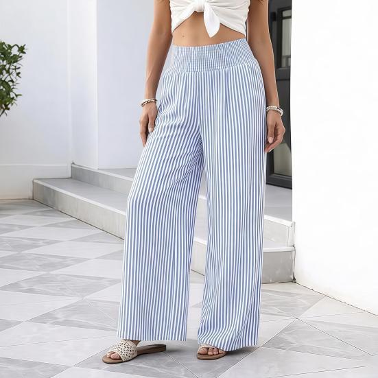 Women Wide Leg Pants Striped Pants, Summer Elastic Waist Casual Soft Lounge Trousers, Breathable Loose Fit Palazzo with Pockets