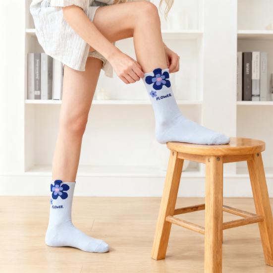 Yousheng 5 Pairs Student Socks Flower Pattern Mid-Calf Warm Socks Breathable Moisture-Wicking Autumn Winter Socks