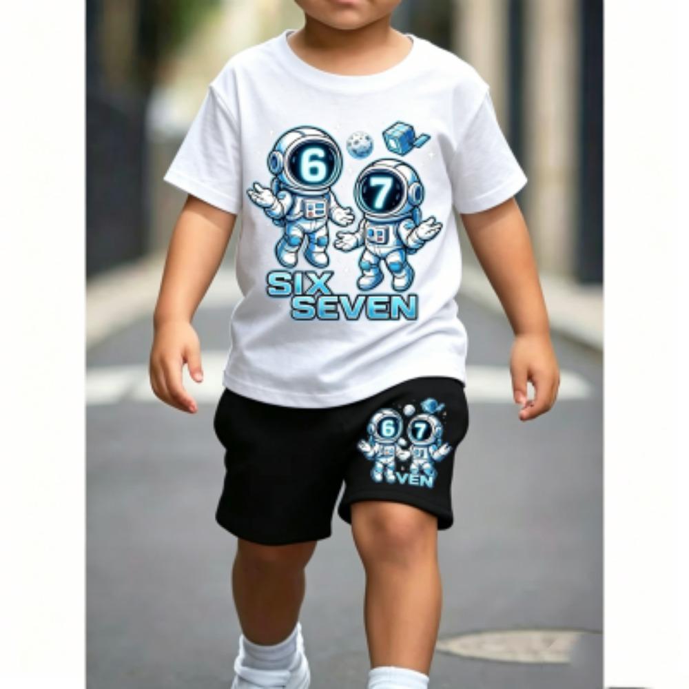 Kinder 67 Astronaut Spaß Aufdruck 11 Farben Kinder T-Shirt und Shorts 2-teiliges Set Sommer Haus Draußen Freizeit Outfit Jungen und Mädchen Sportset