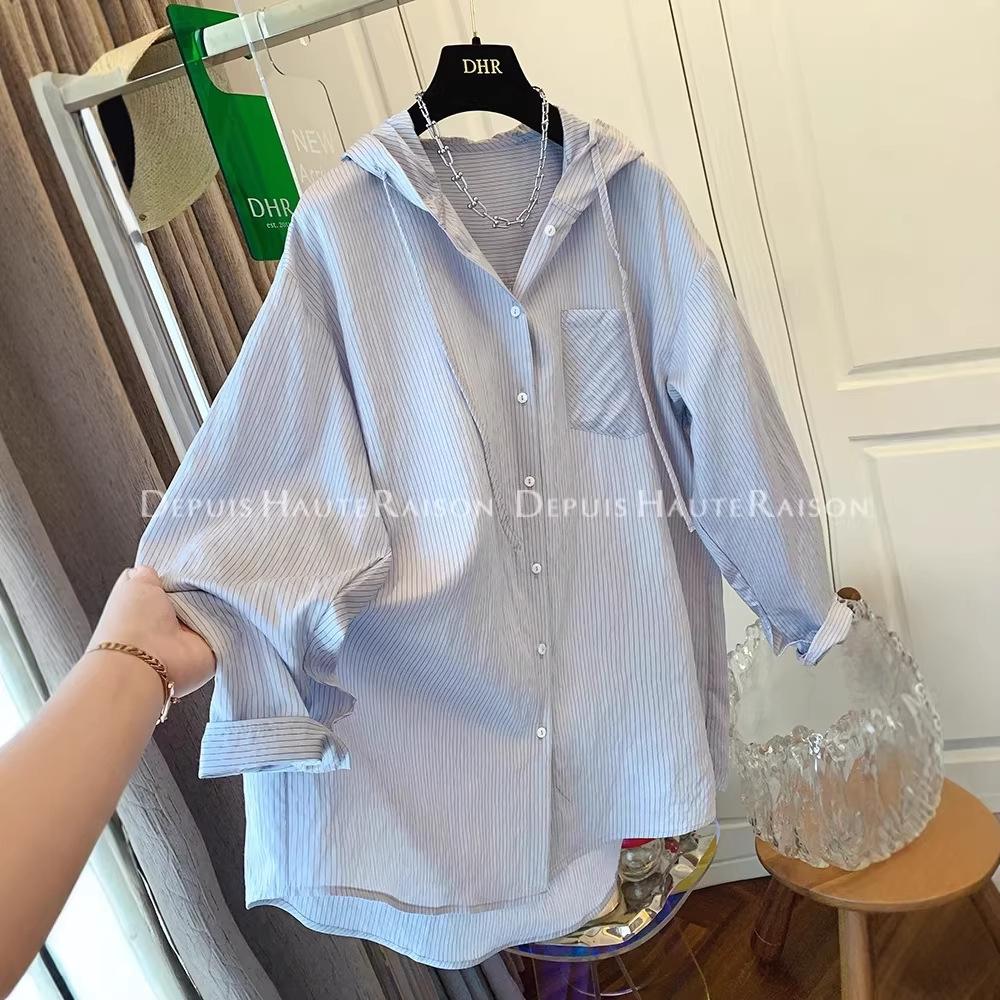 Extra Large 55.5kg Lazy Striped Hooded Sunscreen Shirt Women's Summer Thin Loose Casual Versatile Top