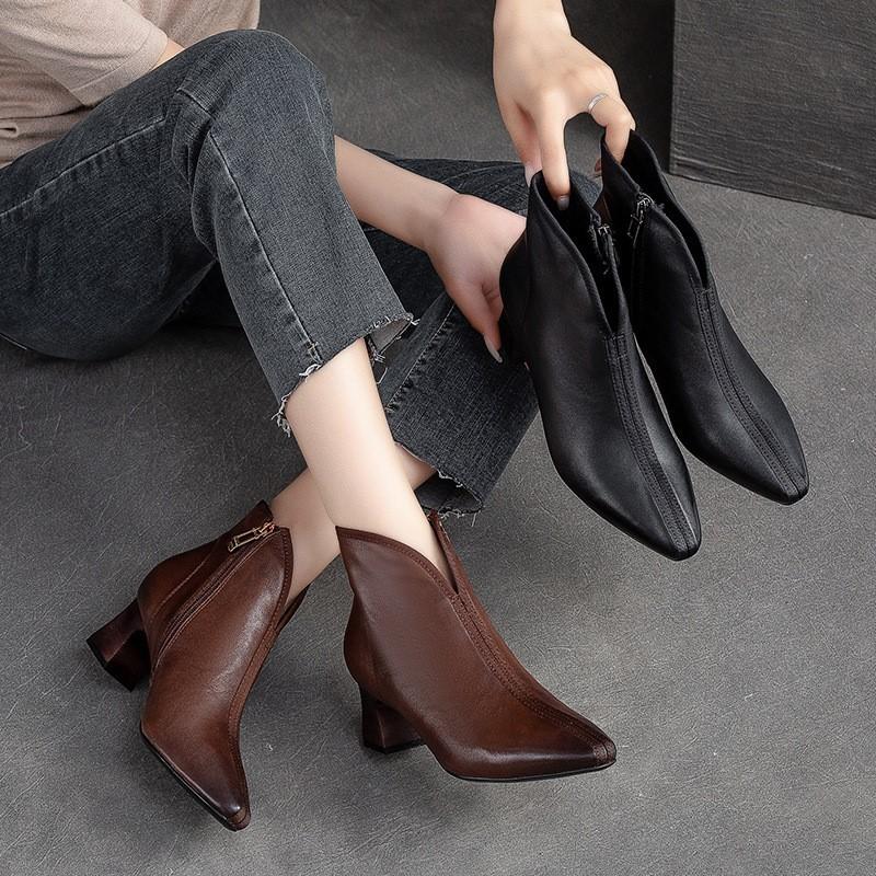Johnature High Heel Pointed Toe Women Boots Vintage Genuine Leather Versatile Temperament Lady Shoes