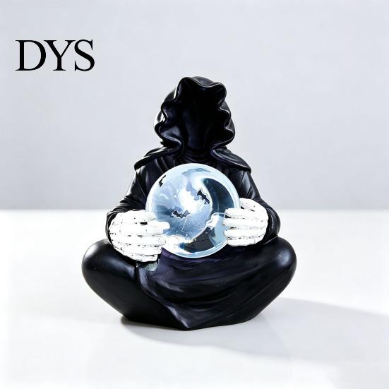 Atmospheric Night Light Faux Crystal Ball Grim Reaper Statue, Gothic Resin Black Robed Creepy Faceless Hood Sculpture with Glowing Clear Ball,