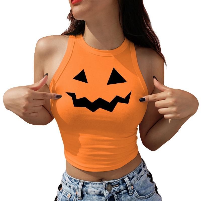 

New Halloween orange leopard print pumpkin heat transfer print women s vest sexy small vest slim top XL
