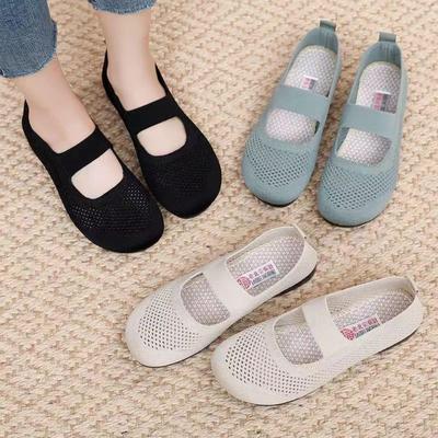 Women Shoes Stretch Band Slip-on Soft Flats Summer Openwork Knitted Mesh Casual Shoes Outdoor Leisure Cloth Shoes Woven