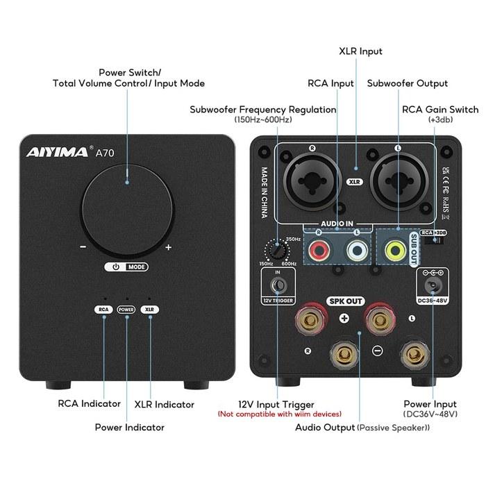 AIYIMA A70 Balanced Stereo Amplifier, TPA3255 2-Channel Class D Amp, with DC48V 5A Power Adapter