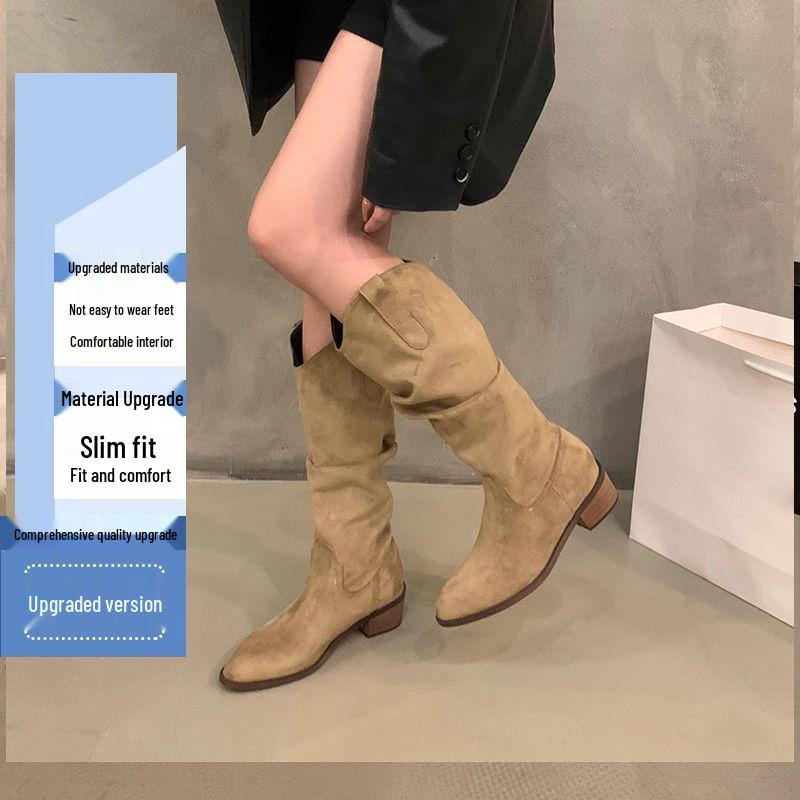 Retro Brown Chunky Heel V-Cut Mid-Calf Boots, Women's Autumn Pointed Toe Western Cowboy Style.