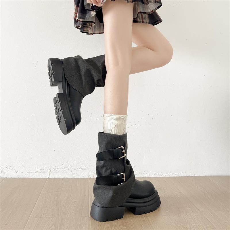 Black Thick-soled Heightening Sleeve Short Boots Women's Autumn 2025 Fashion Versatile Design Belt Buckle Martin Boots