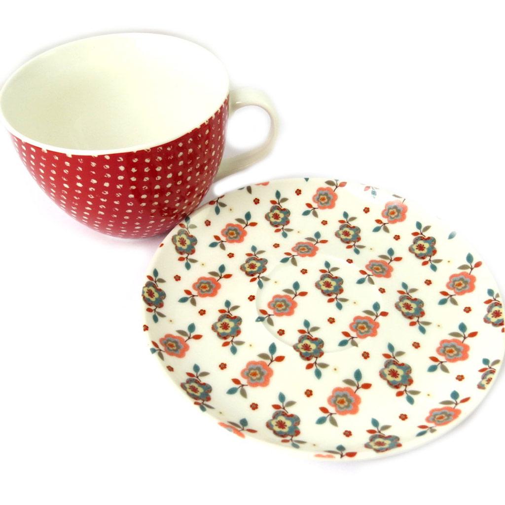 Les Trésors De Lily [N8497] - Cup + Saucer 'Vintage Design' Red Beige Liberty - Cup 11x7 Cm