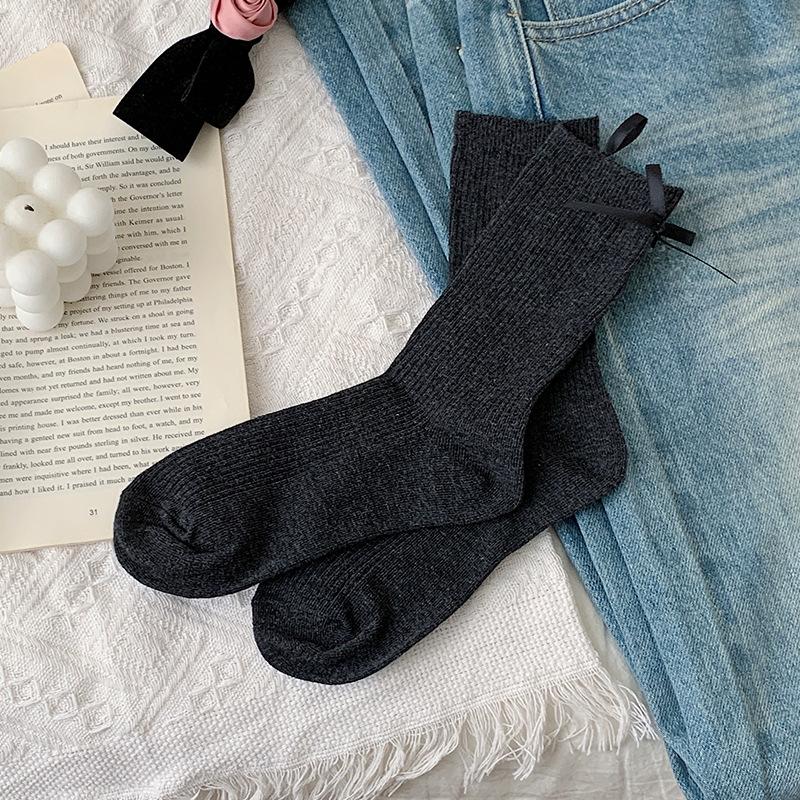 Female Spring and Summer Pure Color Bow All Build In The Tube Pile Pile Cotton Socks