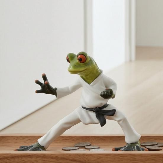 Taekwondo Frog Figurine Black Belt Green Frog Statue Resin Martial Arts Animal Sculpture
