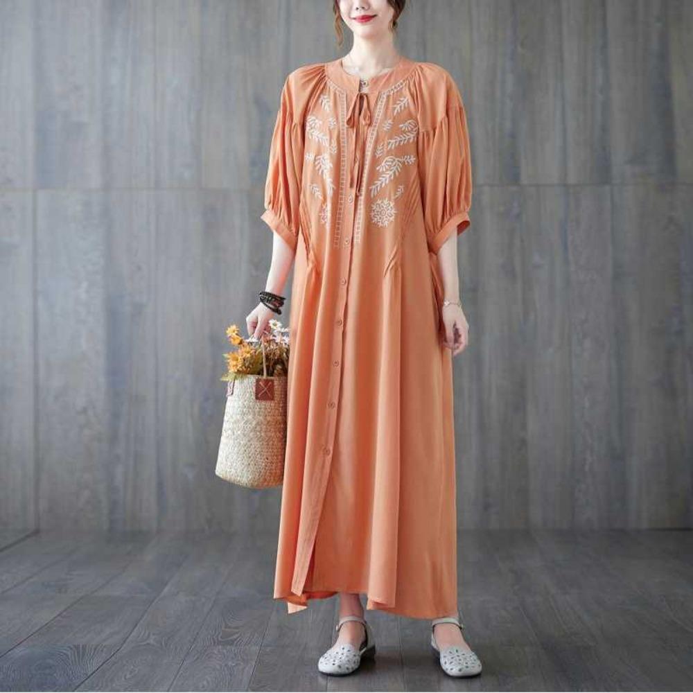 

Платье длинное свободного кроя с V-образным вырезом и приталенной талией One size оранжевый