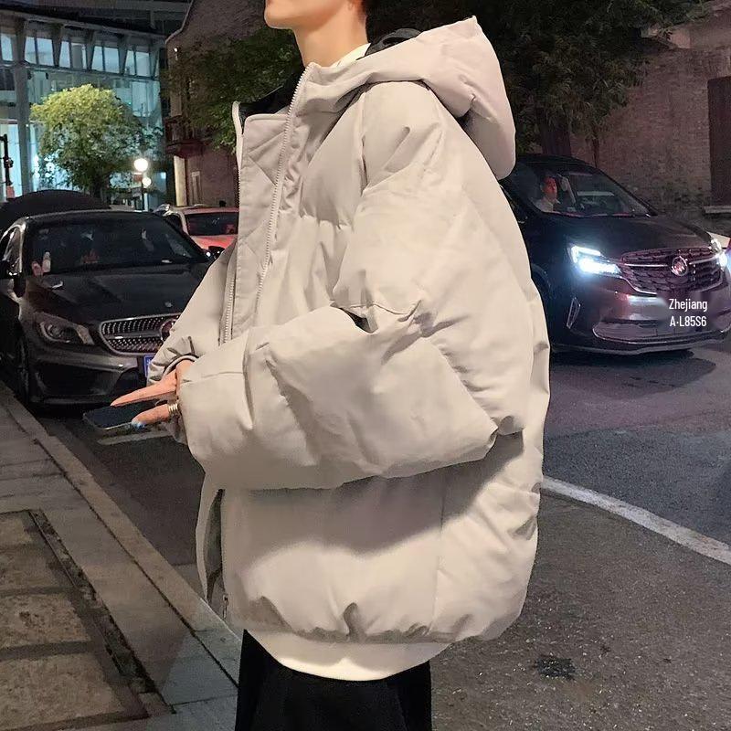 Men's Hong Kong Style Hooded Cotton Padded Winter Jacket - Short, Thick, Warm, and Trendy Loose-Fit Coat in Solid Color