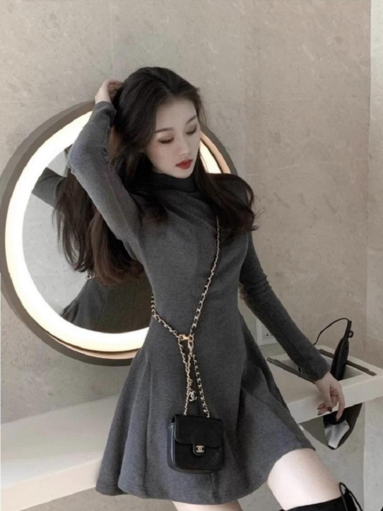 Women's Petite High-Neck Cinched-Waist Thermal Fleece Dress - Slimming A-Line Base Layer