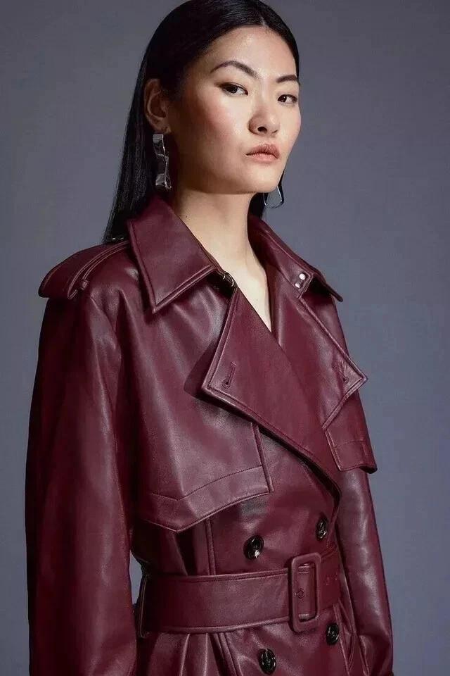 Trench Coat Handmade Lambskin Burgundy Genuine Leather Casual Soft Fit New Women
