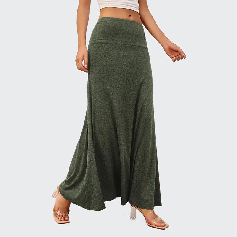 European & American Commuter A-Line Midi Skirt - Solid Color, Knit, Polyester-Cotton, Micro-Elastic, Spring/Autumn Wear