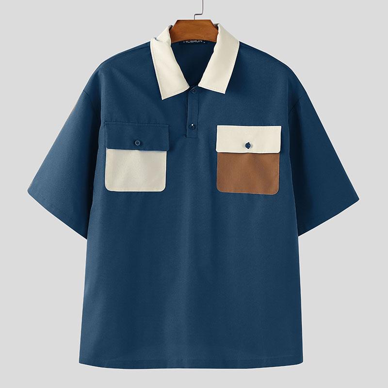 

INCERUN Men Turn-down Collar Short Sleeve Casual Stitching Texture T-shirts M