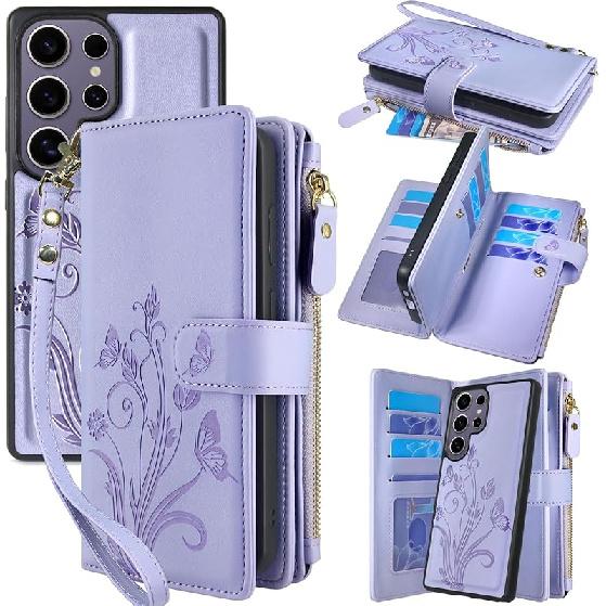 Lacass Case Wallet for Samsung Galaxy S25 Ultra, [12 Card Slots] ID Credit Cash Holder Zipper Pocket Detachable Leather Wallet Cover with Wrist Strap