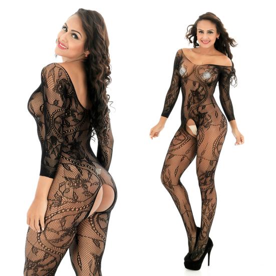 Mulher quente sexy transparente crotchless fora do ombro malha bodystocking sleepwear