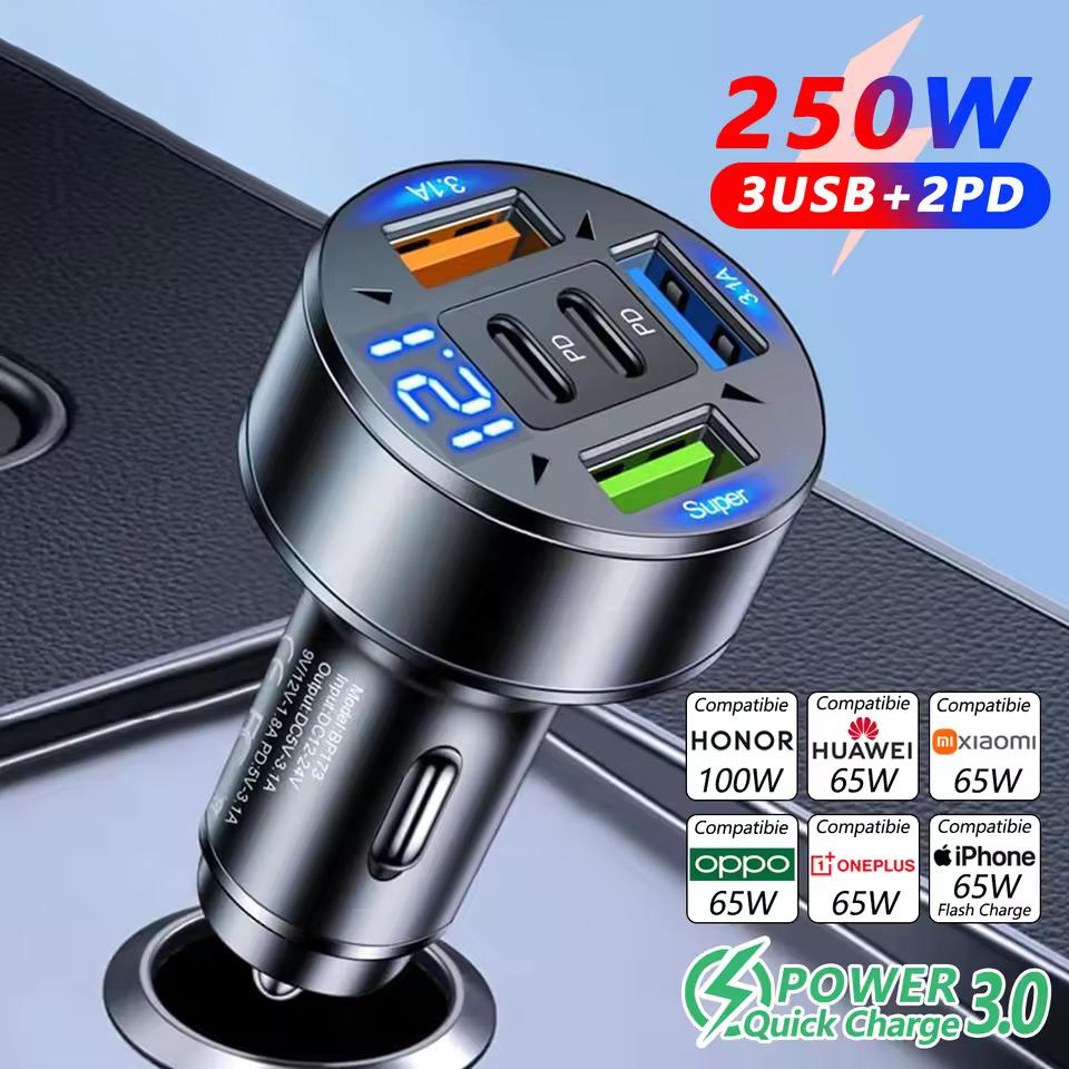 111W 1-Port Car Charger PD QC1.1 USB C Fast Charging Car Phone Adapter With LED Voltage Display For iPhone Samsung Huawei Xiaomi