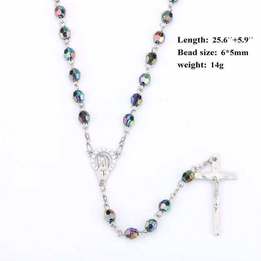 Rosary Necklace Jesus Christ Cross Statement Pendants Necklaces Acrylic Beads Long Chain Colar Religious Party Christian Zircon