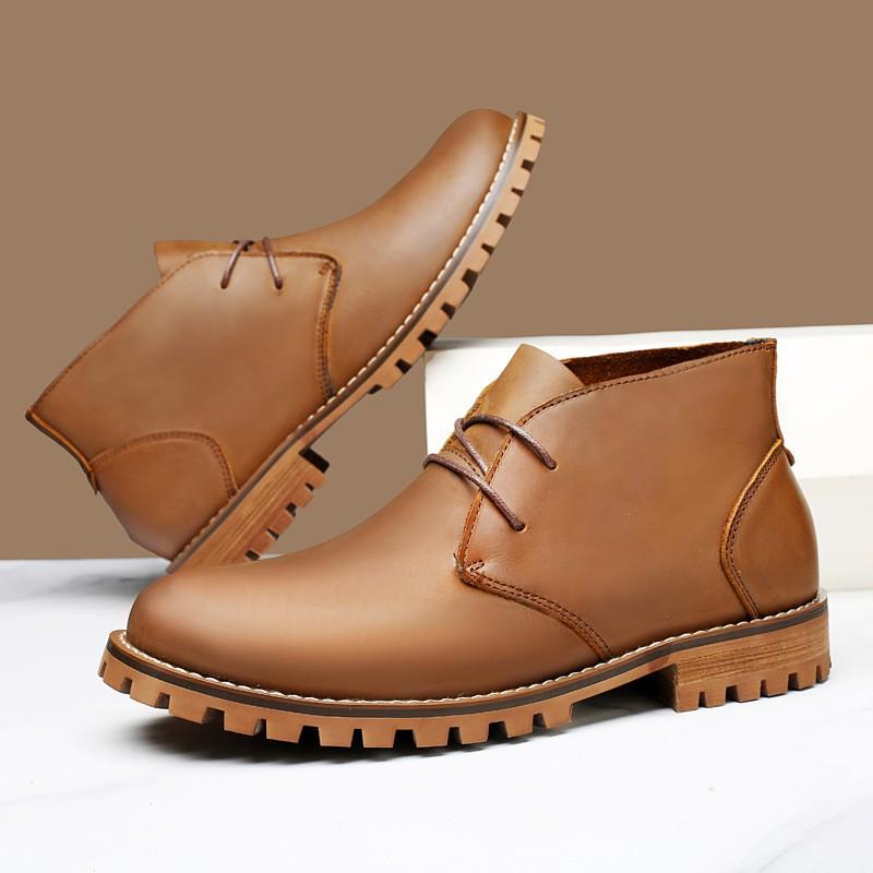 Mens Vintage Combat Boots Real Leather Mid-Calf Lace-Up Work Casual British Style
