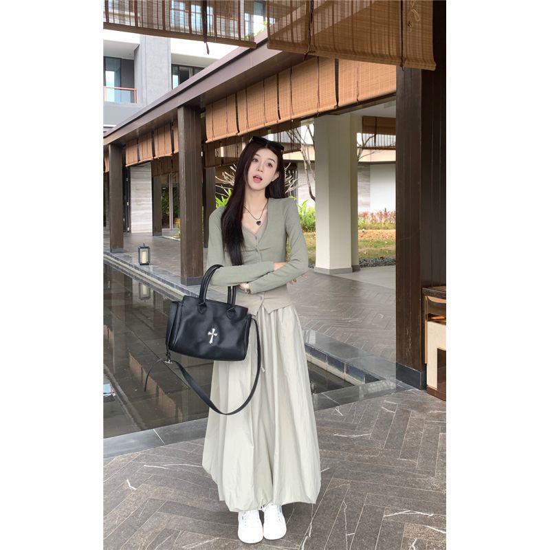 Kumikumi Design Temperament Fake Two Pieces Long Sleeve Knit Women Autumn High Waist Slimming Skirt Two-piece Set