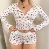 Spring Summer Women's Cherry Print Pajamas Set Long Sleeve Tops & Shorts Sleepwear 2 Piece Home Clothes Pyjamas Women Loungewear