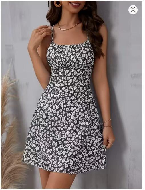 2026 European and American summer new fashion casual waist thin suspender backless printing sexy dress women