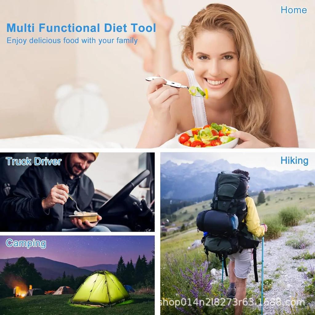 7 In 1 Multifunctional Outdoor Tableware Survival Tools Stainless Steel Foldable Fork Spoon Knife Picnic Camping Dinnerware