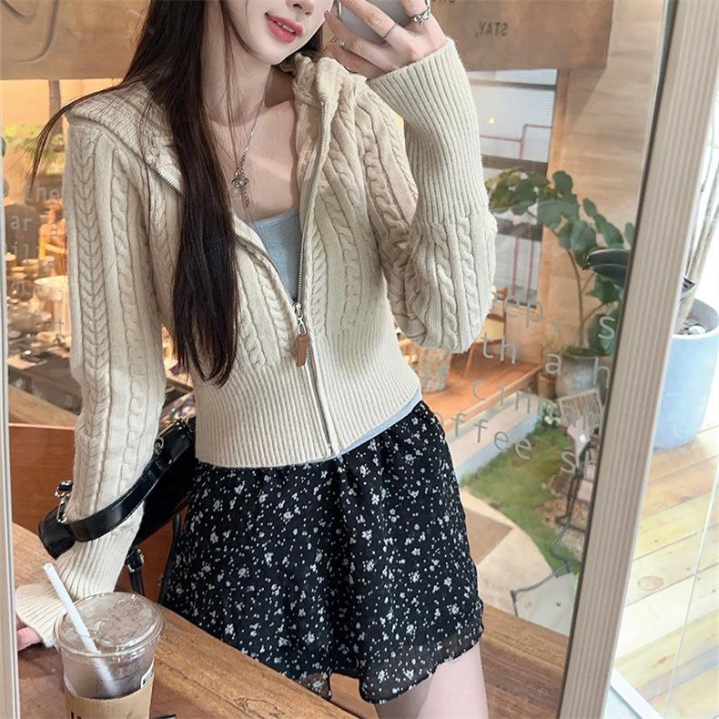 Short Twist Hooded Zipper Knitted Cardigan Women's Slim-fit Sweater Jacket