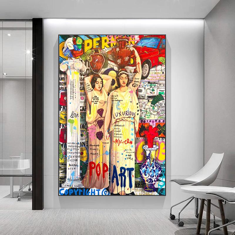 Graffiti Portrait Pop Art Canvas Paintings Supergirls with Vase Poster Print Wall Art Picture for Living Room Wall Decor Cuadros