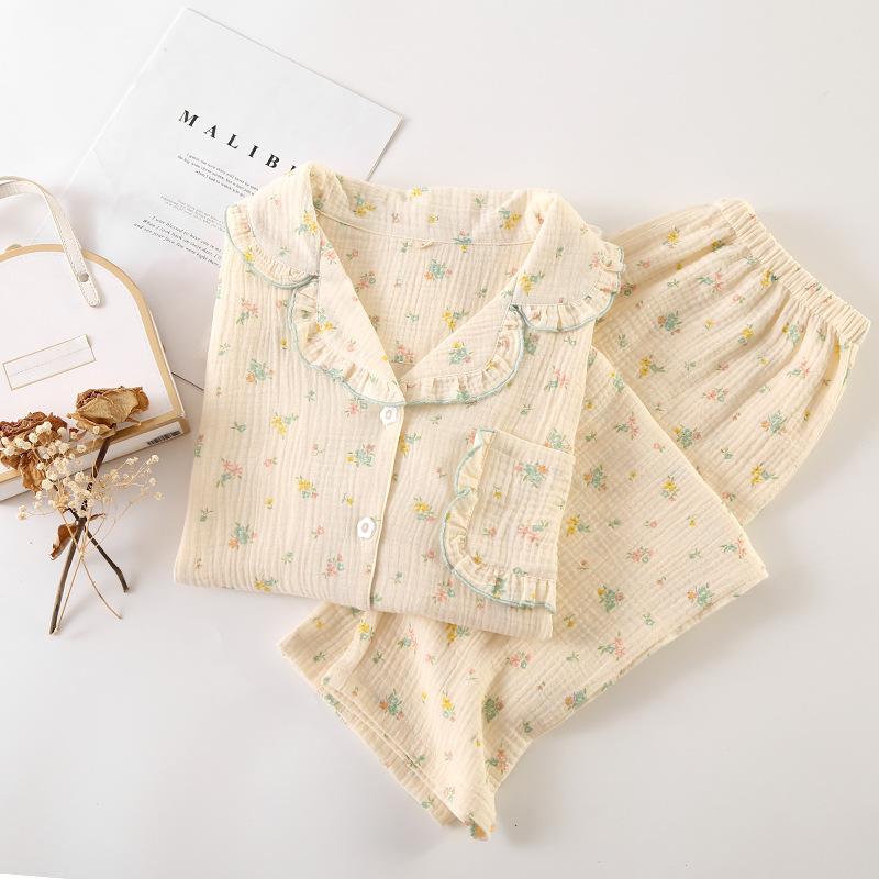 Pure Cotton Pajamas Women's Small Fresh Fungus Lapel Long Set, Spring and Autumn Printed Loungewear Set Can Be Worn Loosely