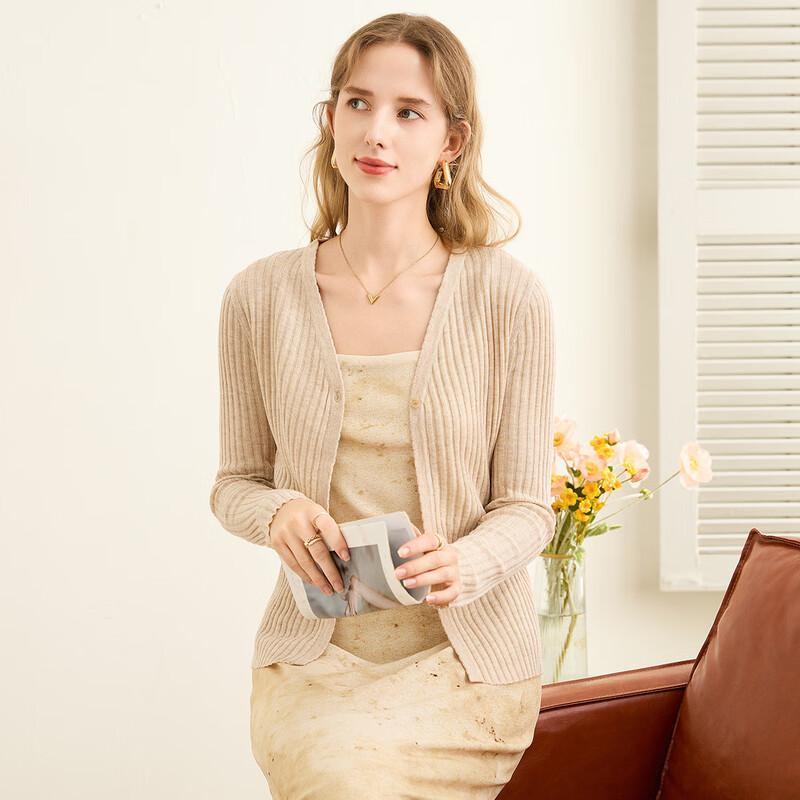 TUHUANG Women's Slim Fit V-Neck Ribbed Wool Blend Cardigan